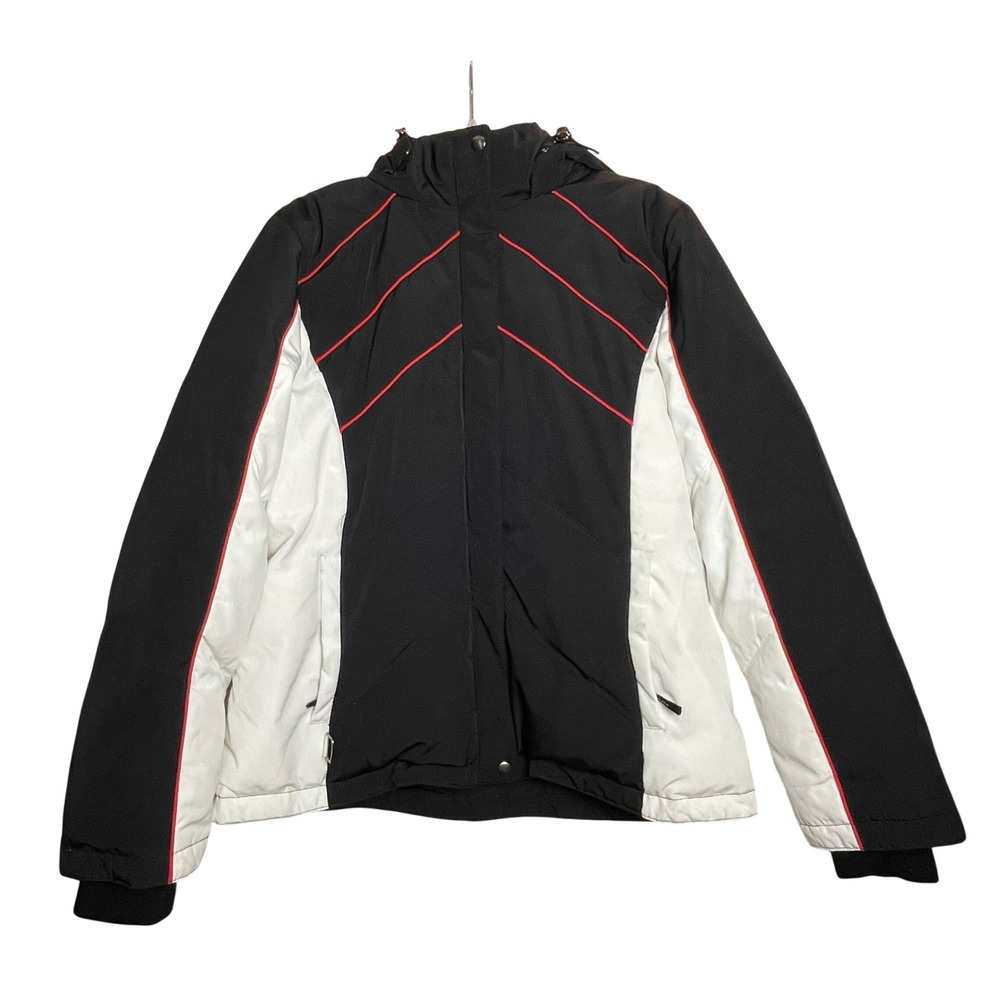 Athletic Works Ladies Black Red White Ski Snowboard Jacket L Hooded Winter Y2K